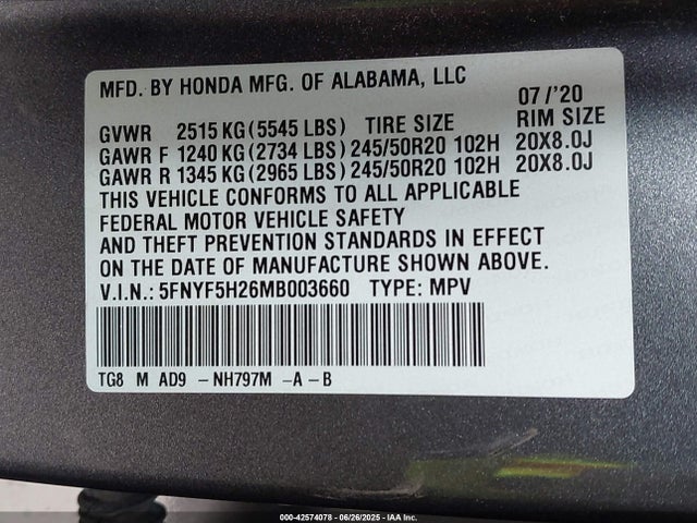 5FNYF5H26MB003660 Honda j35y6