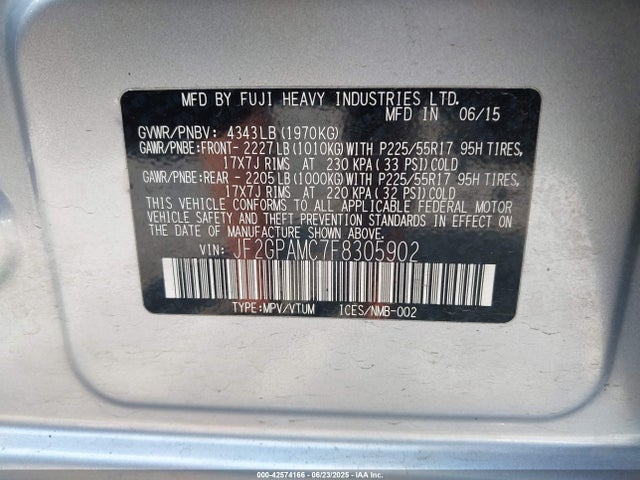 JF2GPAMC7F8305902 Subaru 2.0l naturally aapirated