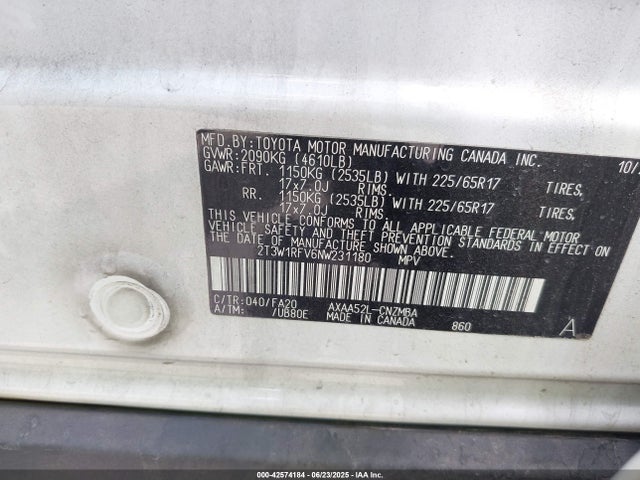 2T3W1RFV6NW231180 Toyota a25a-fks