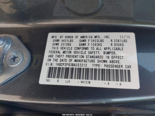 42574372 :رقم المزاد ، 1HGCP2F83BA053212 vin ، 2011 Honda Accord 2.4 Ex-l مزاد بيع