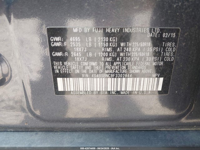 Subaru 2.5l u6 2015 4S4BSBNC9F3302844 Image 9
