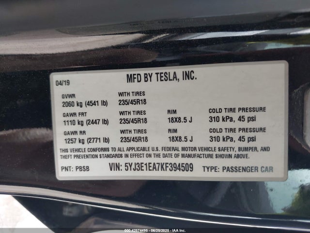 2019 TESLA MODEL 3 5YJ3E1EA7KF394509 Photo 8