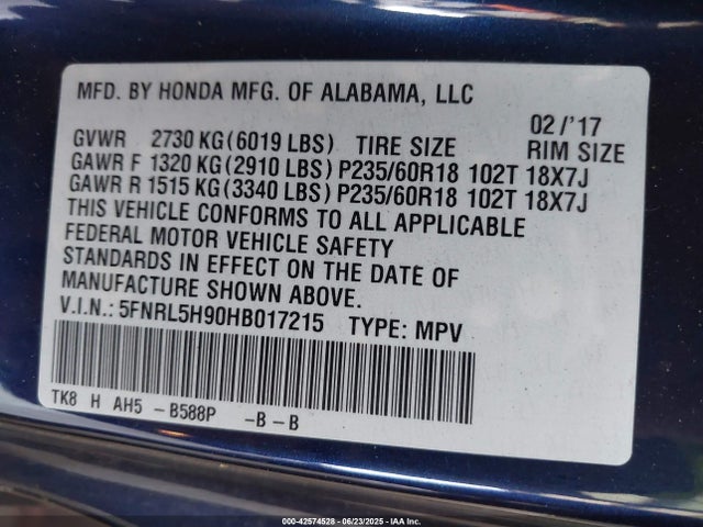 5FNRL5H90HB017215 Honda j35z8