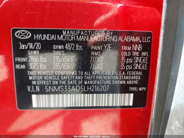 5NMS33AD5LH216207 Hyundai gdi theta ii