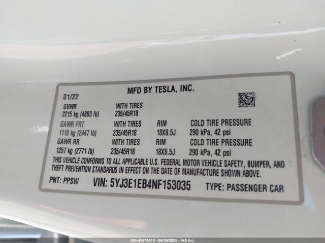 2022 TESLA MODEL 3 5YJ3E1EB4NF153035 Photo 8