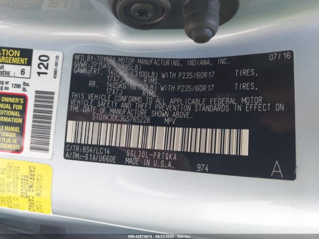 5TDYK3DC3GS765228 Toyota 2gr-fks