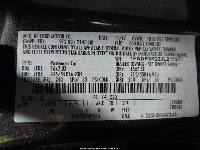 1FADP3K22JL211977 Ford 2.0l gdi