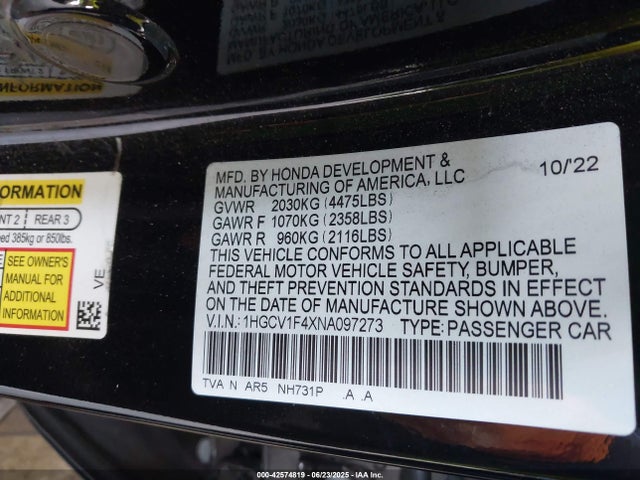 1HGCV1F4XNA097273 Honda l15be