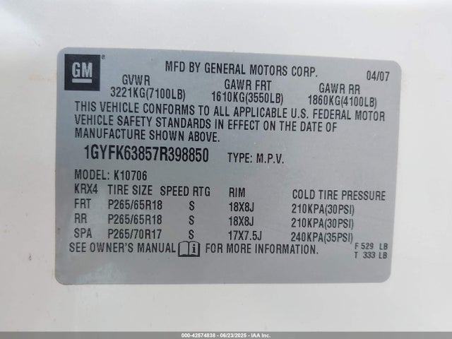 2007 CADILLAC ESCALADE 1GYFK63857R398850 Photo 8
