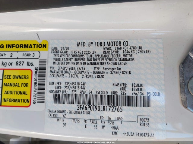 Ford 2.0l gtdi 2020 3FA6P0T90LR172765 Image 9