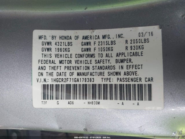 1HGCR2F71GA179383 Honda k24w1