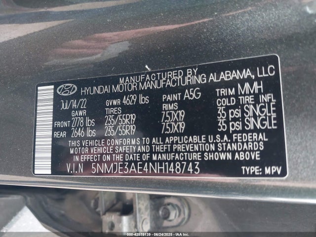 5NMJE3AE4NH148743 Hyundai gdi theta iii