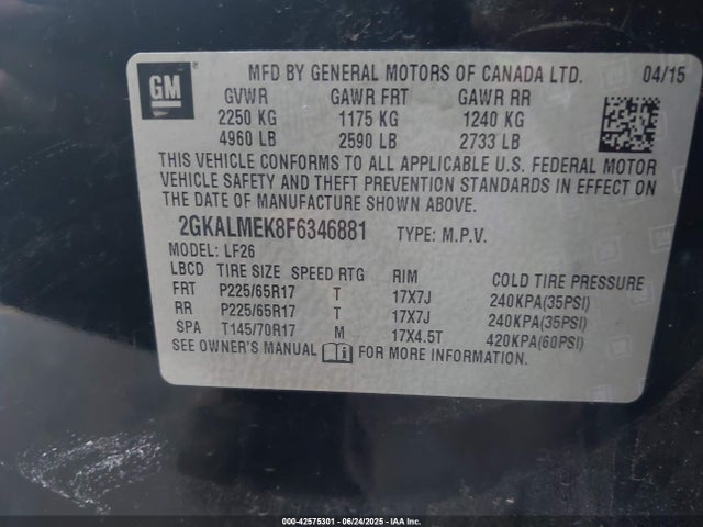 2GKALMEK8F6346881 GMC lea - flex fuel (gas/alc), aluminum, ho,
