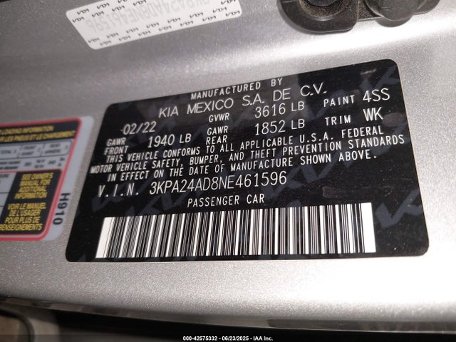 3KPA24AD8NE461596 KIA mpi gamma ii