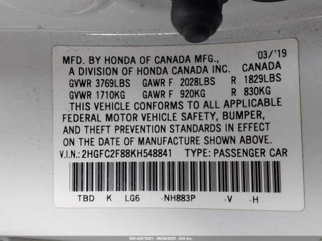 2019 HONDA CIVIC 2HGFC2F88KH548841 Photo 8