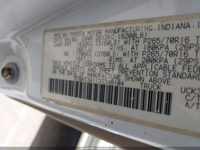 2003 TOYOTA TUNDRA 5TBRT34113S346104 Photo 8