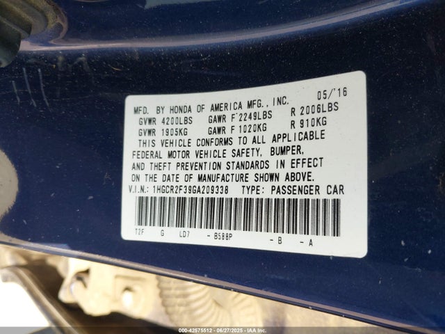 1HGCR2F39GA209338 Honda k24w1