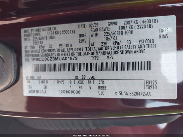 1FMCU0CZ0MUA01879 Ford hev/phev