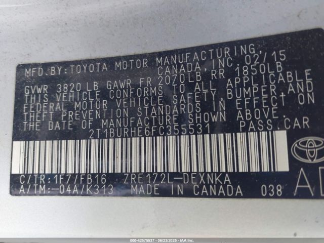 2T1BURHE6FC355531 Toyota 2zr-fe