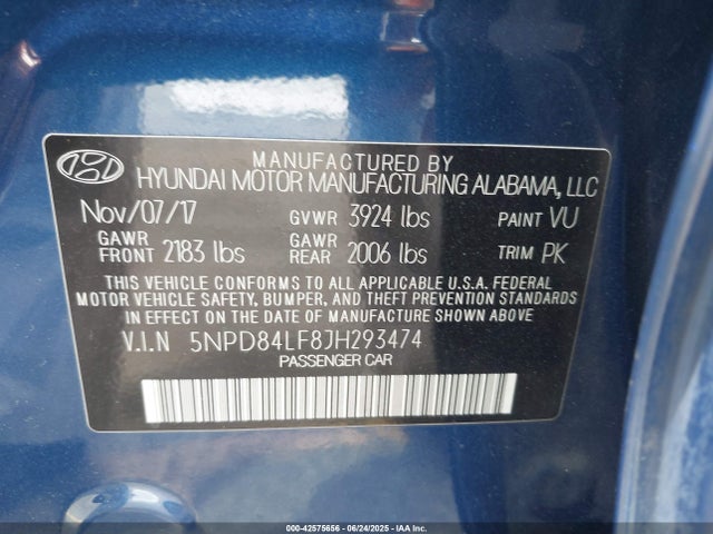 5NPD84LF8JH293474 Hyundai mpi nu