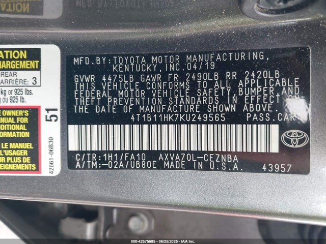 4T1B11HK7KU249565 Toyota a25a-fks