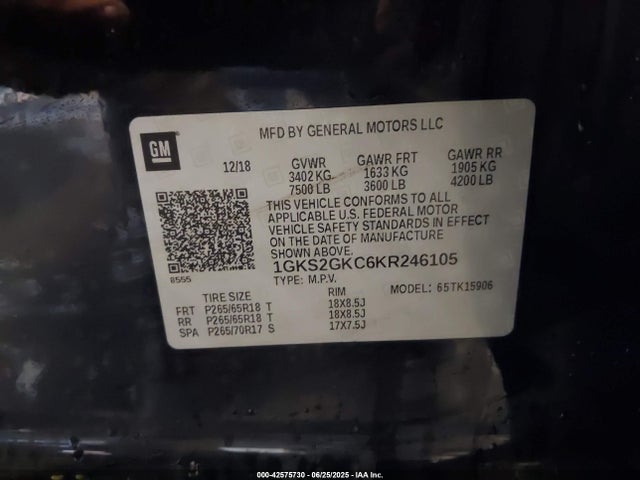 2019 Gmc Yukon Xl Slt მანქანა იყიდება აუქციონზე, vin: 1GKS2GKC6KR246105, აუქციონის ნომერი: 42575730