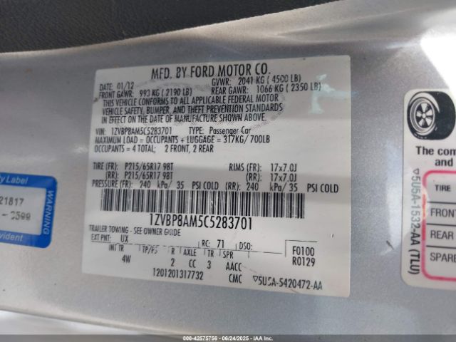 2012 FORD MUSTANG 1ZVBP8AM5C5283701 Photo 8