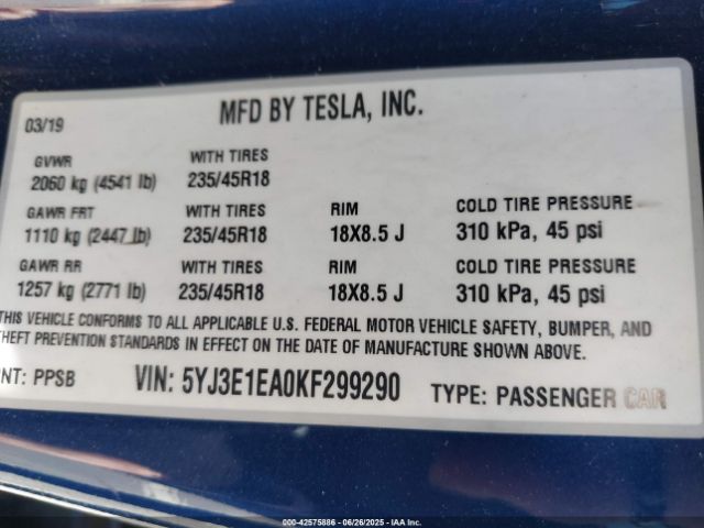 2019 TESLA MODEL 3 5YJ3E1EA0KF299290 Photo 8