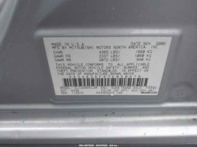 2007 MITSUBISHI GALANT 4A3AB36F87E050876 Photo 8