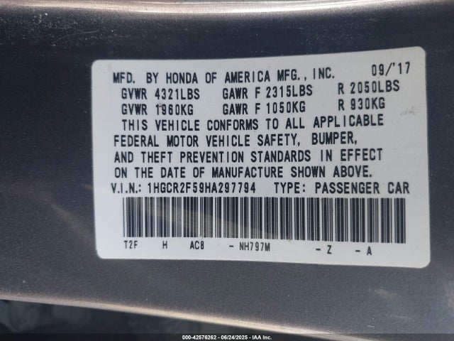 Honda k24w1 2017 1HGCR2F59HA297794 Image 9
