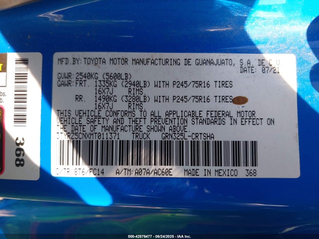 3TYRZ5CNXMT011371 Toyota 2gr-fks