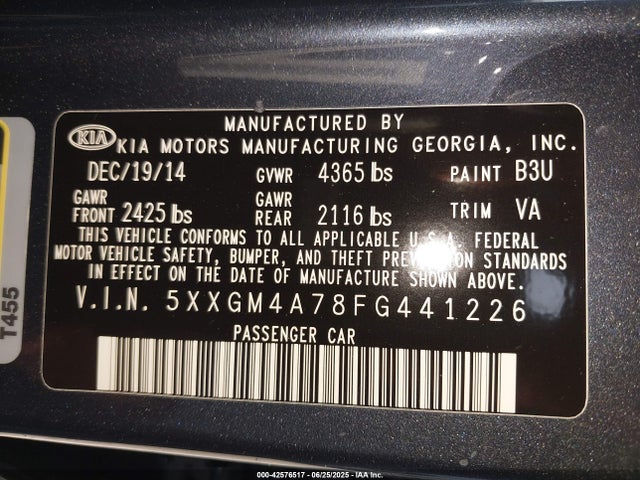 5XXGM4A78FG441226 KIA dohc gdi theta ii