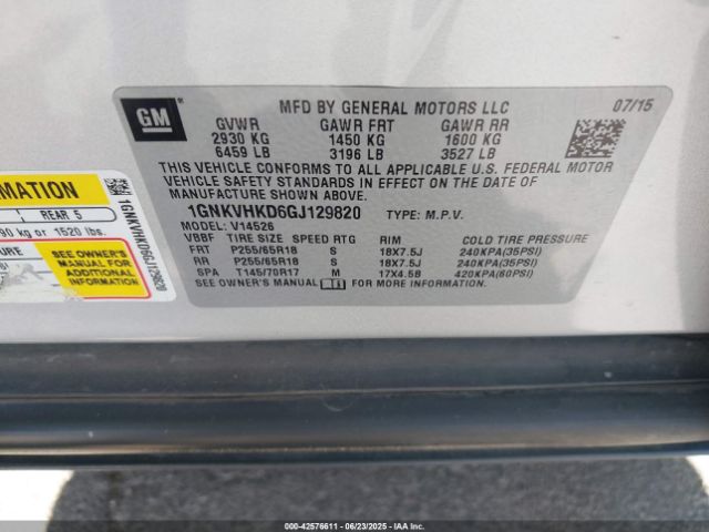 1GNKVHKD6GJ129820 Chevrolet llt - sidi, alum, 60 degrees