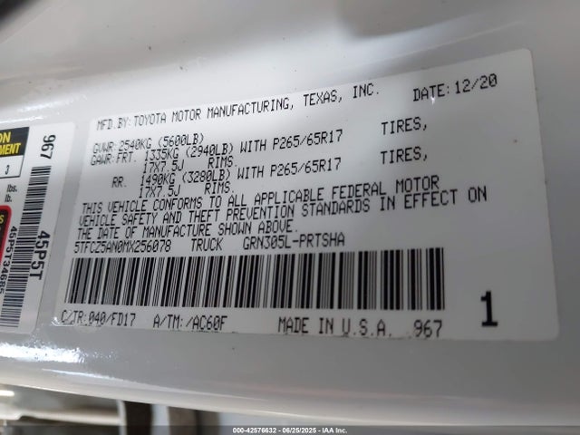 5TFCZ5AN0MX256078 Toyota 2gr-fks