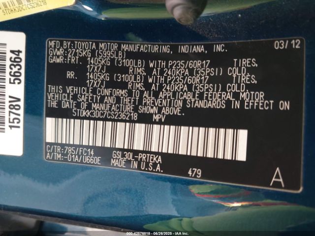 2012 TOYOTA SIENNA 5TDKK3DC7CS236218 Photo 8