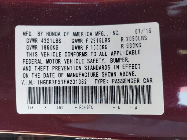 1HGCR2F51FA231382 Honda k24w1