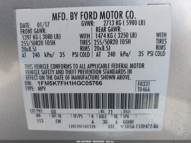 1FM5K7FH1HGC05766 Ford 2.3l gtdi