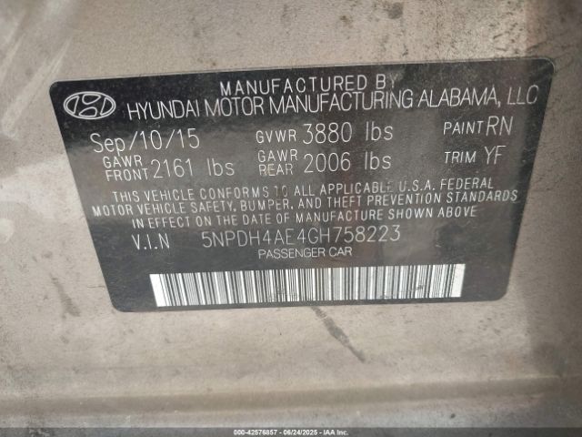 5NPDH4AE4GH758223 Hyundai dohc mpi nu
