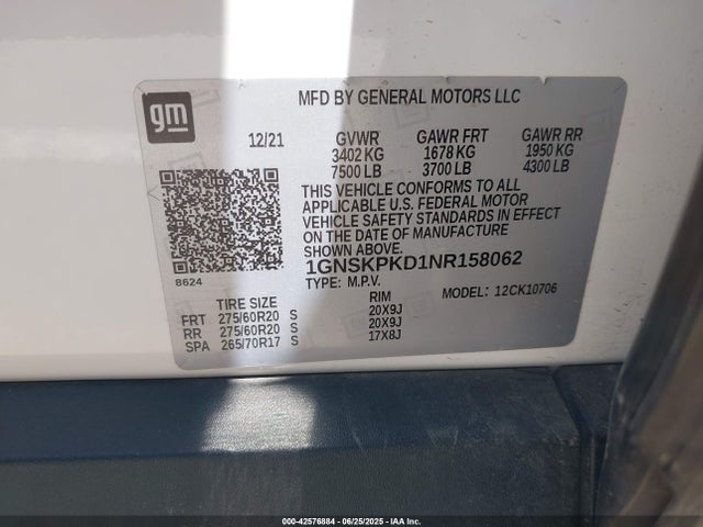 1GNSKPKD1NR158062 Chevrolet l84 - di, dfm, alum, gen 5, var 2