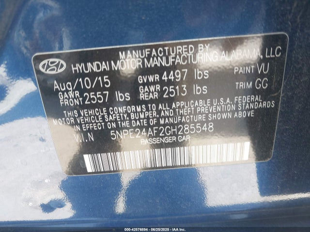 Hyundai dohc gdi theta-ii 2016 5NPE24AF2GH285548 Image 9