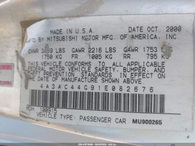 2001 MITSUBISHI ECLIPSE 4A3AC44G91E082676 Photo 8