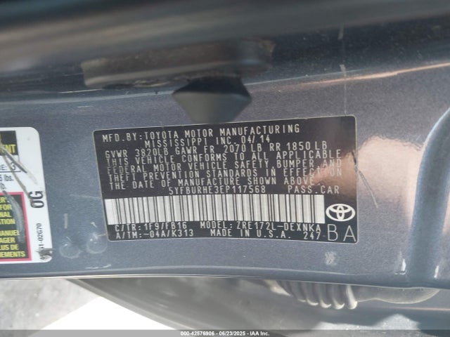 5YFBURHE3EP117568 Toyota 2zr-fe