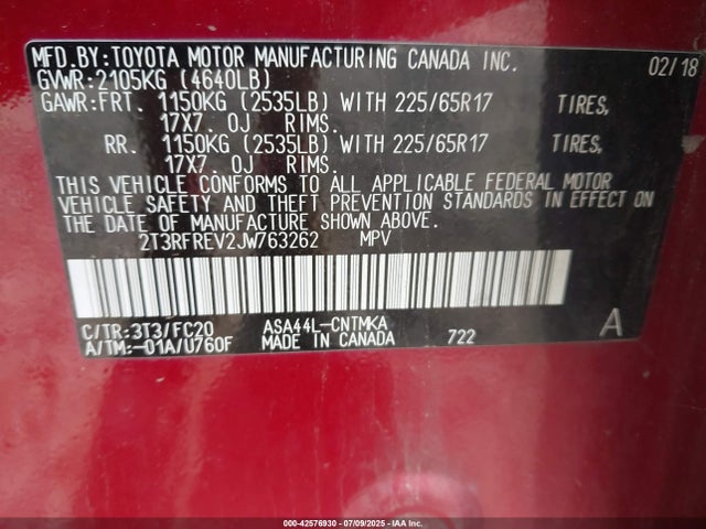 Toyota 2ar-fe 2018 2T3RFREV2JW763262 Image 9