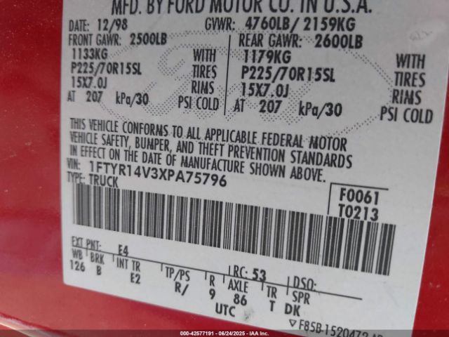 1999 FORD RANGER 1FTYR14V3XPA75796 Photo 8