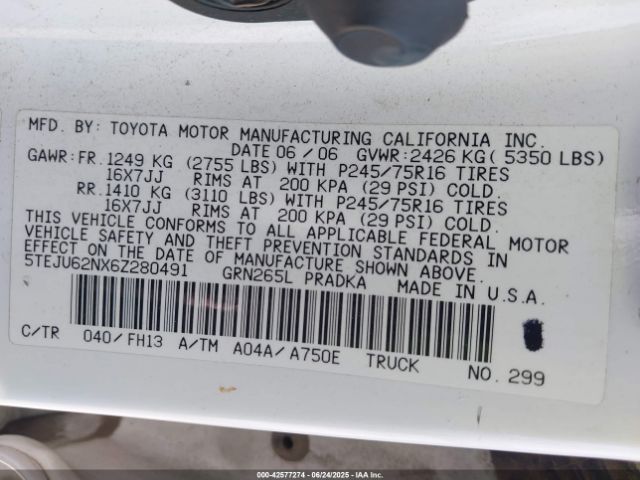 2006 TOYOTA TACOMA 5TEJU62NX6Z280491 Photo 8