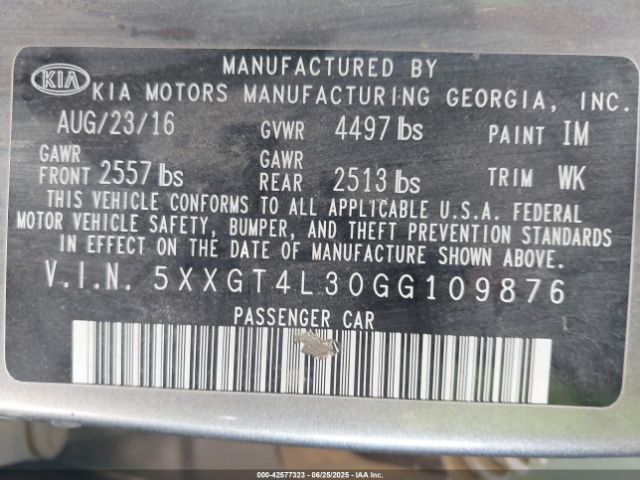 5XXGT4L30GG109876 KIA t-gdi theta ii