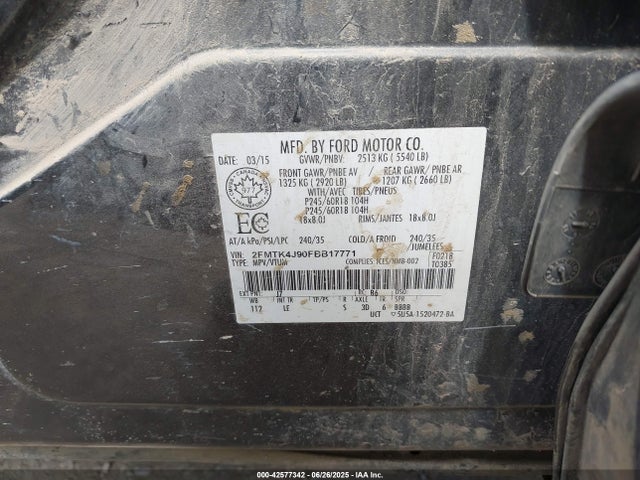 2015 Ford Edge Sel მანქანა იყიდება აუქციონზე, vin: 2FMTK4J90FBB17771, აუქციონის ნომერი: 42577342