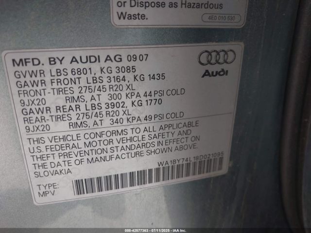 2008 AUDI Q7 WA1BY74L18D021095 Photo 8