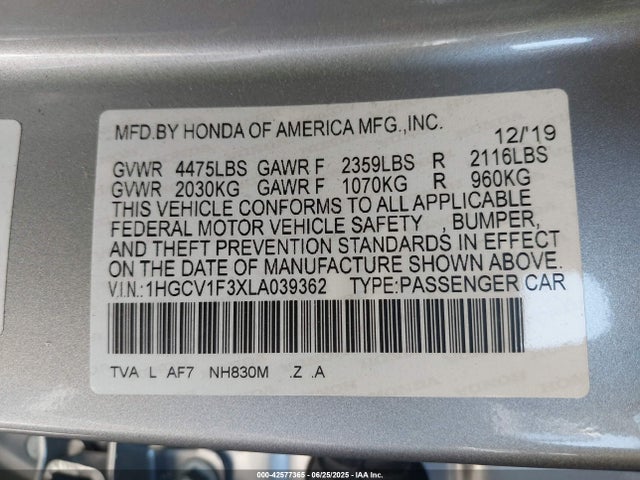 1HGCV1F3XLA039362 Honda l15be