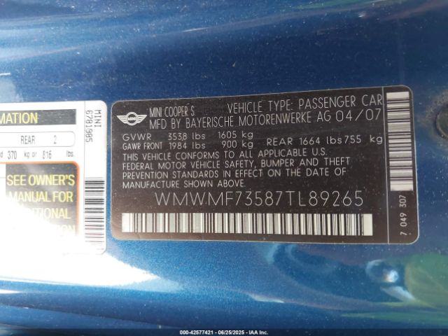 2007 MINI COOPER S WMWMF73587TL89265 Photo 8